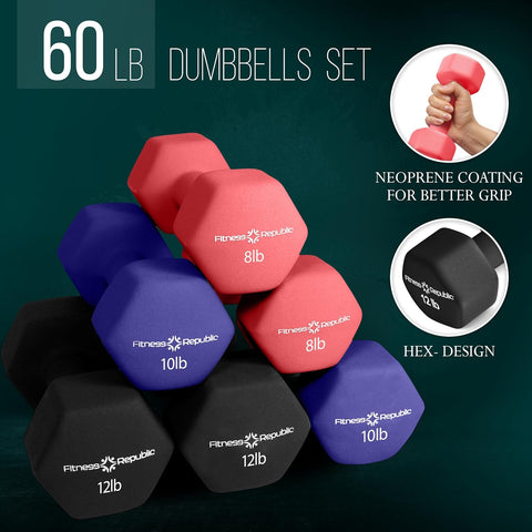 Neoprene Workout Dumbbells - Non Slip, anti Roll Exercise & Fitness Dumbbells Combo - Hex Shaped Hand Weights for Men & Women - Ideal for Home and Gyms Training