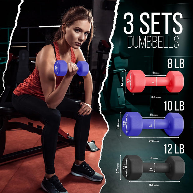 Neoprene Workout Dumbbells - Non Slip, anti Roll Exercise & Fitness Dumbbells Combo - Hex Shaped Hand Weights for Men & Women - Ideal for Home and Gyms Training